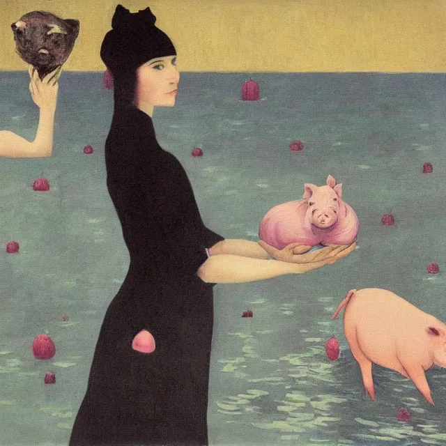 Image similar to tall female emo artist holding a pig in her flooded bathroom, water gushing from ceiling, painting of flood waters inside an artist's bathroom, a river flooding indoors, pomegranates, pigs, ikebana, zen, water, octopus, river, rapids, waterfall, black swans, canoe, berries, acrylic on canvas, surrealist, by magritte and monet