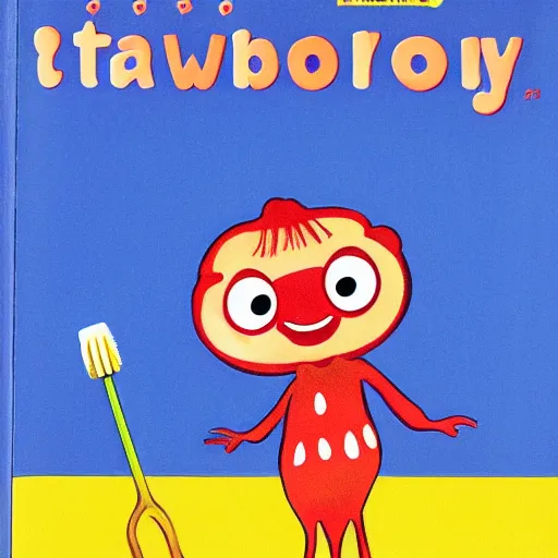 Image similar to a cartoon strawberry with big eyes, arms and legs and only two front teeth, drooling, holding a bright yellow tooth brush, in the style of little golden books