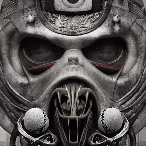 Prompt: Very very very very highly detailed epic central composition photo of demonic face with baseball mask, intricate, dystopian, sci-fi, extremely detailed, digital painting, artstation, concept art, smooth, sharp focus, illustration, intimidating lighting, incredible art by Anna Dittmann, Octane render in Maya and Houdini