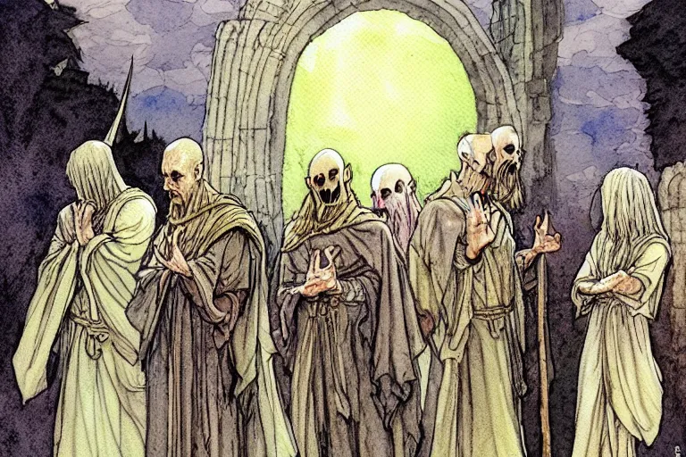 Prompt: a realistic and atmospheric watercolour fantasy character concept art portrait of a dirty chibi alien greeting a group of medieval monks in grey robes in stonehenge. a ufo is in the sky. by rebecca guay, michael kaluta, charles vess and jean moebius giraud