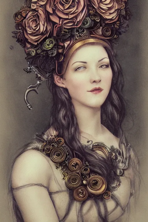 Image similar to close-up portrait of a beautiful young cyborg woman with a big steampunk flower crown, Honoré Beaumier lithography