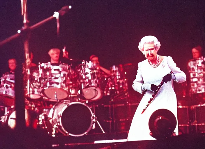 Image similar to publicity photo still of queen elizabeth in a death metal band playing live on stage, 8 k, live concert lighting, mid shot