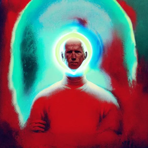 Prompt: shaman chakra telekinesis red artificer Bruce Willis wearing crimson sweatshirt brandishes a blue atomic orb meditation norman ackroyd jim lambie greg rutkowski rothko tombow