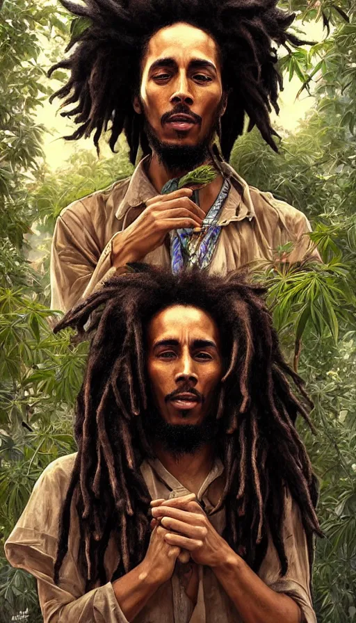 Prompt: impressive cottagecore bob marley , black rasta Hair, cannabis plants background, intricate, elegant, highly detailed, digital painting, artstation, concept art, smooth, sharp, focus, illustration, art by artgerm and greg rutkowski and alphonse mucha