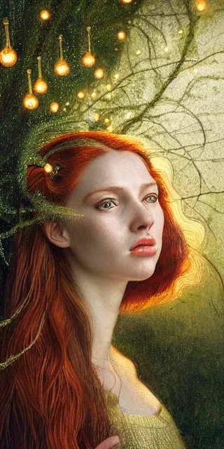 Image similar to an marveled young woman surrounded by golden firefly lights in a mesmerizing scene, sitting amidst nature fully covered, intricate detailed dress, long loose red hair, precise linework, accurate green eyes, small nose with freckles, smooth oval head, expressive emotions, hyper realistic ultrafine portrait by artemisia gentileschi, jessica rossier, artgerm