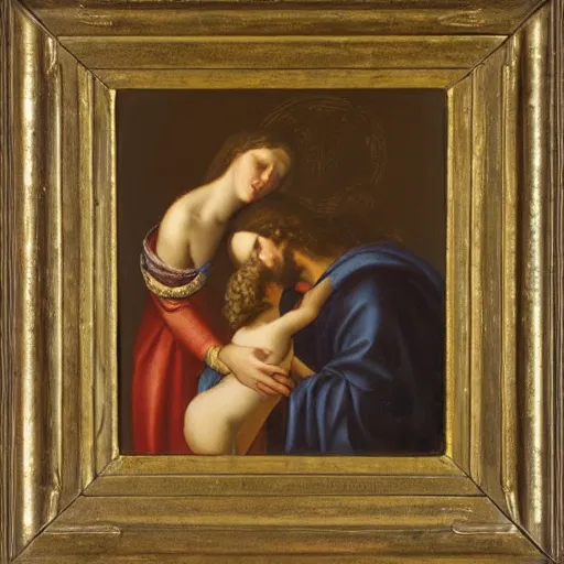 Image similar to 1 8 th oil panting of a jesus kissing with maria maddalena