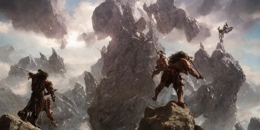 Image similar to epic battle barbarian norse gods thunder inverted individual rocks hanging from the sky two worlds facing each other horizontal symmetry inception good composition artstation illustration sharp focus sunlit vista painted by ruan jia raymond swanland lawrence alma tadema zdzislaw beksinski norman rockwell tom lovell alex malveda greg staples