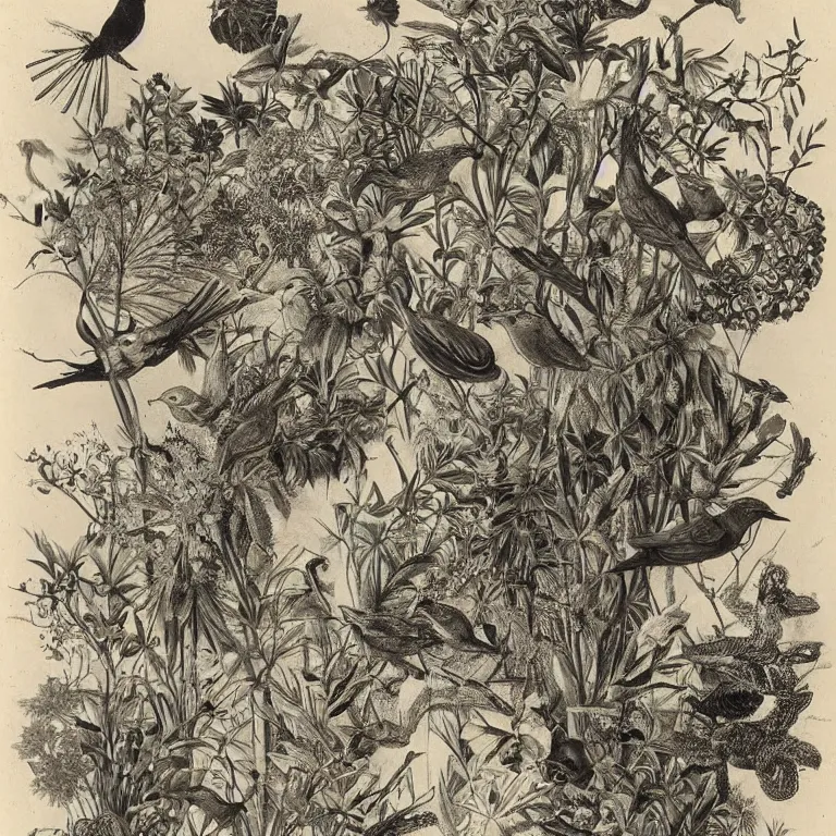 Prompt: garden with birds, by ernst haeckel :: pyrography :: very beautiful! dreamy, poetic, melancholy