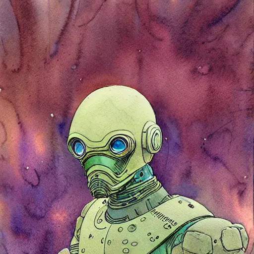 Image similar to a simple and atmospheric watercolour portrait of a pulp sci - fi alien soldier, very muted colors, by rebecca guay, michael kaluta, charles vess and jean moebius giraud