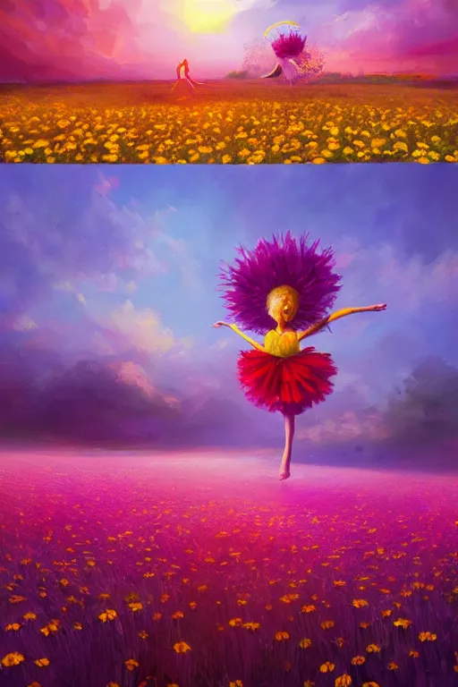 Image similar to giant daisy flower as head, girl dancing in a flower field, surreal photography, sunrise, dramatic light, impressionist painting, colorful clouds, digital painting, artstation, simon stalenhag