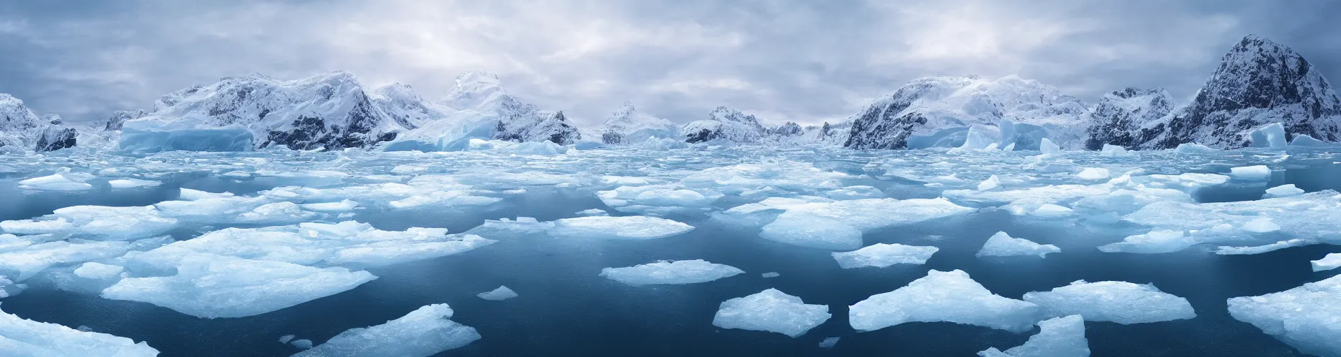 Prompt: arctic, snowy landscape, ocean, icebergs, wallpaper, digital art