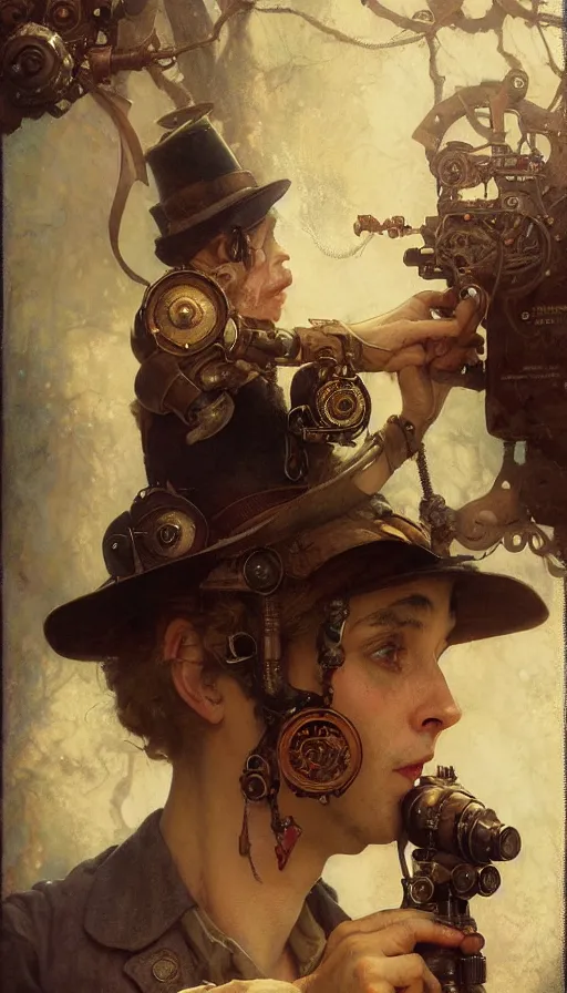 Image similar to hyper realistic photographer looking through camera, magical, steampunk, painted by norman rockwell, tom bagshaw, mucha, gaston bussiere, craig mullins, j. c. leyendecker 8 k