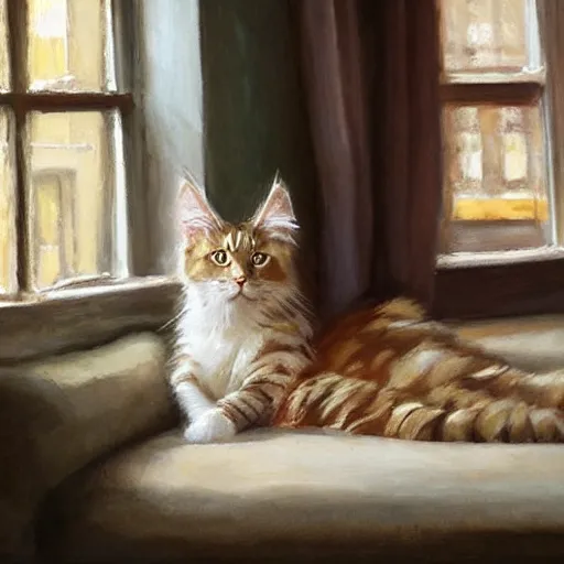 Prompt: cream color maine coon cat curled up, bay window sofa, by Antoine Blanchard