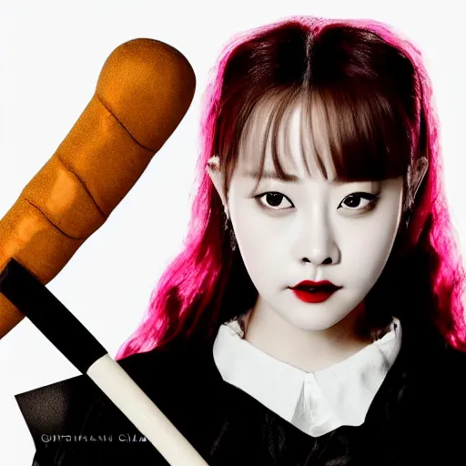 Image similar to photo of Chuu Kim Ji-woo from LOONA dressed as Negan, mischievous look with her barbed baseball bat Lucille, in the style of George Hurrell, white fog, octane render