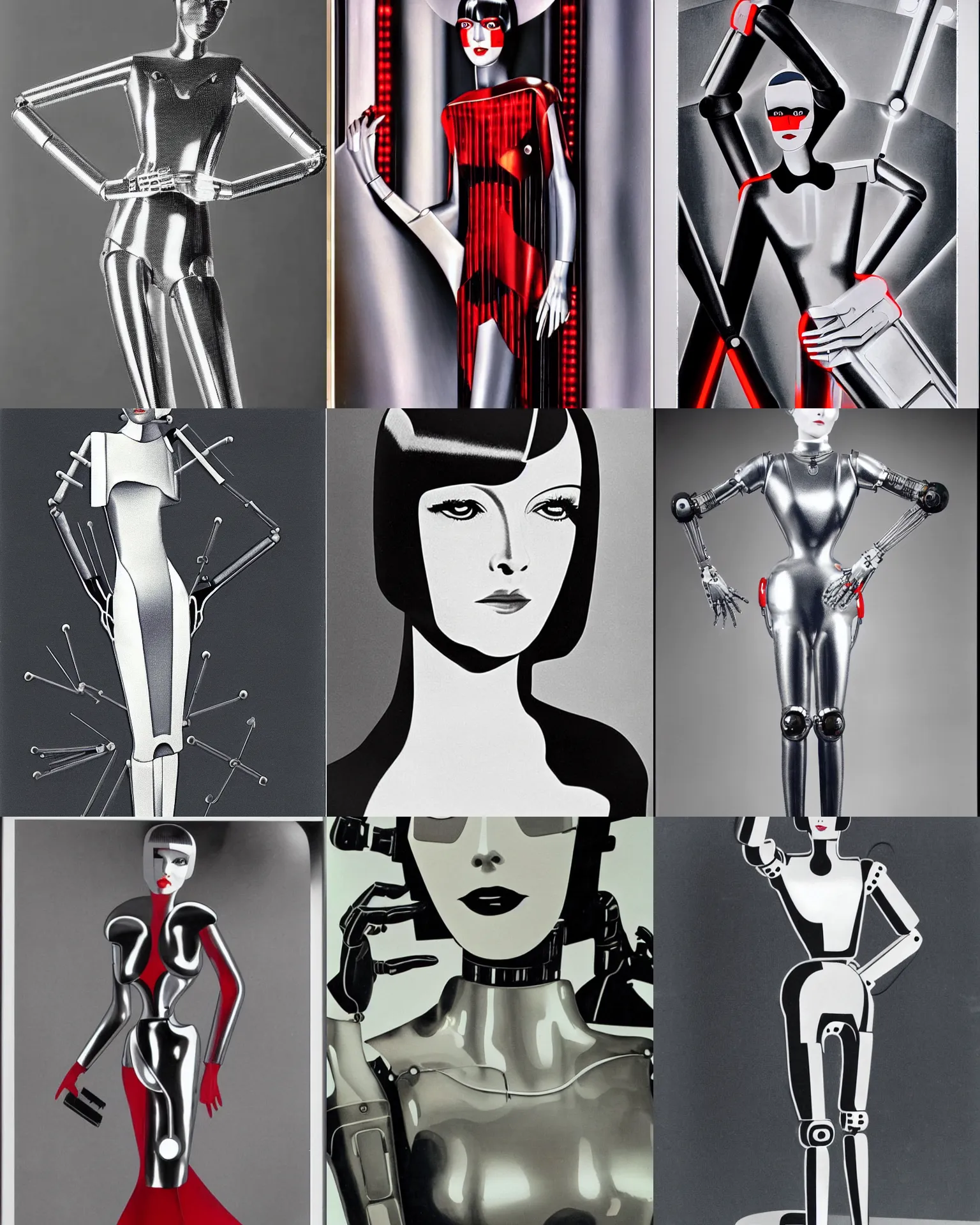 Prompt: mary louise brooks is half robot art deco style, chrome skin, robot arm, 1 9 8 0 s and 1 9 2 0 s airbrush, clean lines, futuristic, blade runner eyes, dress made with circuit board, silver and red lighting