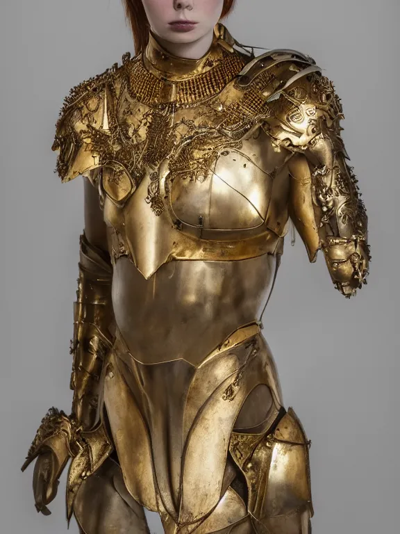 Prompt: a dramatically lit art nouveau white marble head and torso sculpture of a worried young karen gillan as joan of arc, wearing intricate gold plate armor on her chest, delicate, intricate, smooth, beautiful, glowing, by charles van der stappen