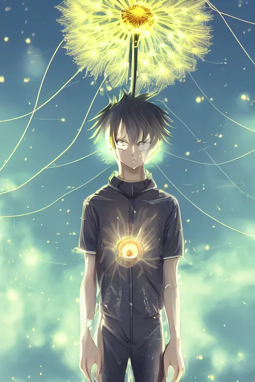 Image similar to glowing luminescent dandelion male anime character, symmetrical, highly detailed, digital art, sharp focus, trending on art station, amber eyes, autumnal colours