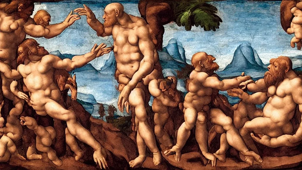 Image similar to The Creation of Adam but with apes, fresco painting by Michelangelo, 1510