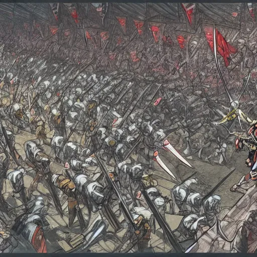 Image similar to one hero with sword looking at army of swordsmen in the background, in the middle of an arena, crowd of people, pencil art, straight, clear, added detail, high definiton, colored, aerial view, by yoji shinkawa