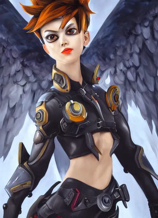 Image similar to full body oil painting of tracer overwatch, angel wings, dramatic painting, symmetrical composition, wearing detailed leather choker, black shiny armor, detailed face and eyes,