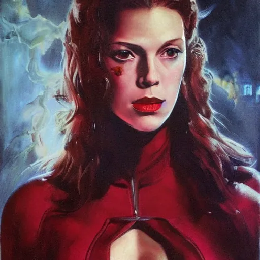 Prompt: ultra realistic portrait painting of scarlet witch in resident evil, art by frank frazetta, 4 k, ultra realistic, highly detailed, epic lighting.