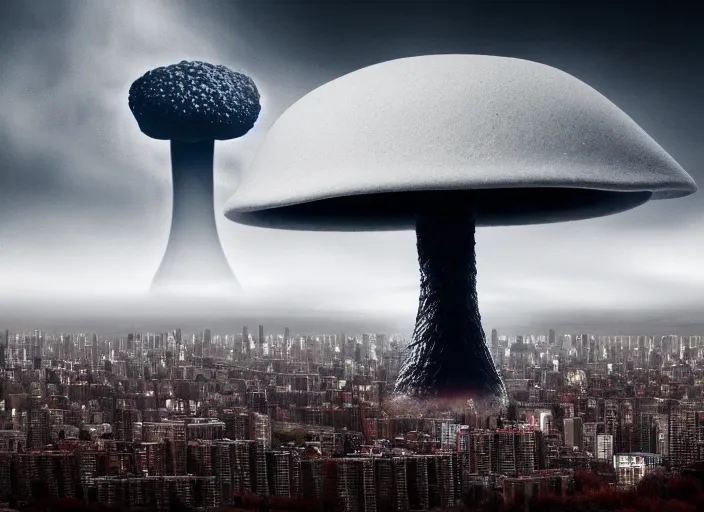 Prompt: nuclear mushroom cloud in the city . Horror dystopia style. Highly detailed 8k. Intricate. Nikon d850 300mm. Award winning photography.