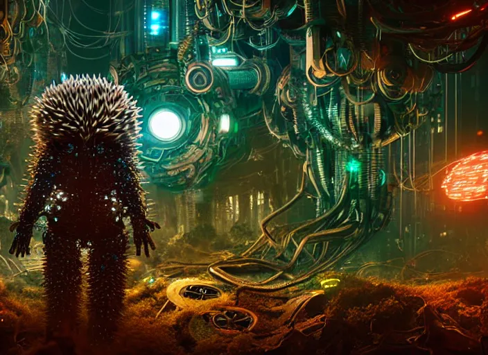 Image similar to giant intricate mechanical hedgehog with cybernetic enhancements and visible gears and fiber optics, on the background of a weird magical mechanical forest. Very detailed 8k. Fantasy cyberpunk horror. Sharp. Cinematic post-processing. Unreal engine. Nanite. Ray tracing. Parallax. Tessellation