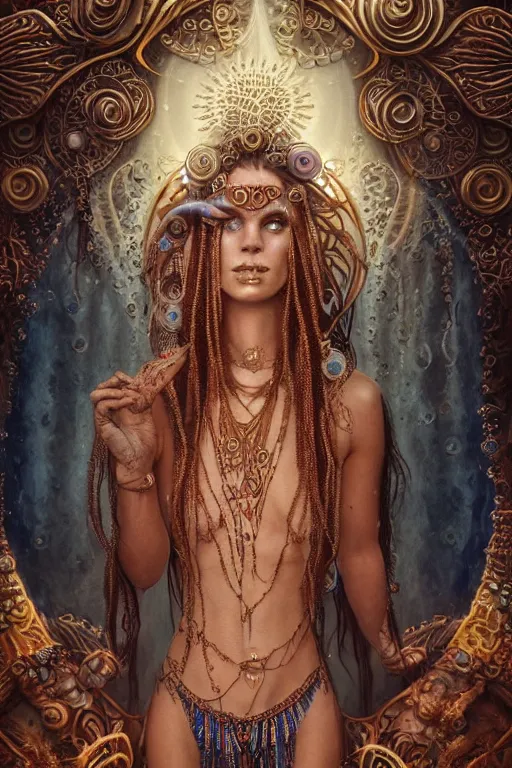 Image similar to a centered render of an mytical festival hippy with tribal tattoos wearing intricate metallic clothing surrounded by a underwater ink pour and flowing liquid gallium and sacred geometry, perfect body and face, gorgeous, cinematic, beautifully lit, by peter kemp, by karol bak, by donato giancola, 3 d, trending on artstation, octane render, 8 k