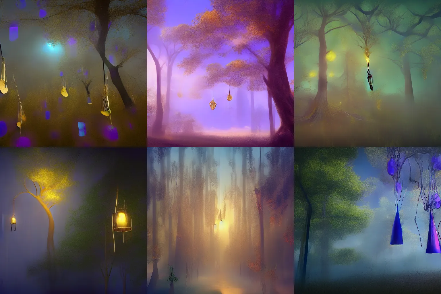 Prompt: digital artwork of a magical golden windchimes are hanged on the branches, many trees are visible in the artwork, the color palette is slightly blue and violet, there is an eerie aura, artstation, 8k, unreal engine 5