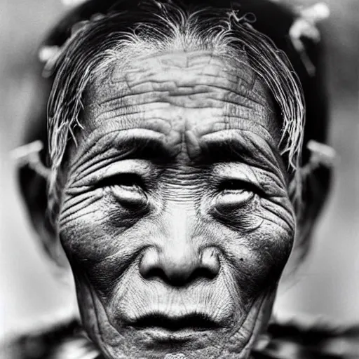 Image similar to very precise and detailed ultra realistic vintage photo portrait of a tibetan man with hive cells hole all over the face, by Annie Leibovitz