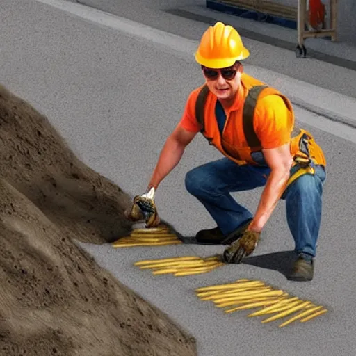 Prompt: tom cruise dressed as a construction worker planting fries in the ground, digital art, highly - detailed, artstation cgsociety masterpiece