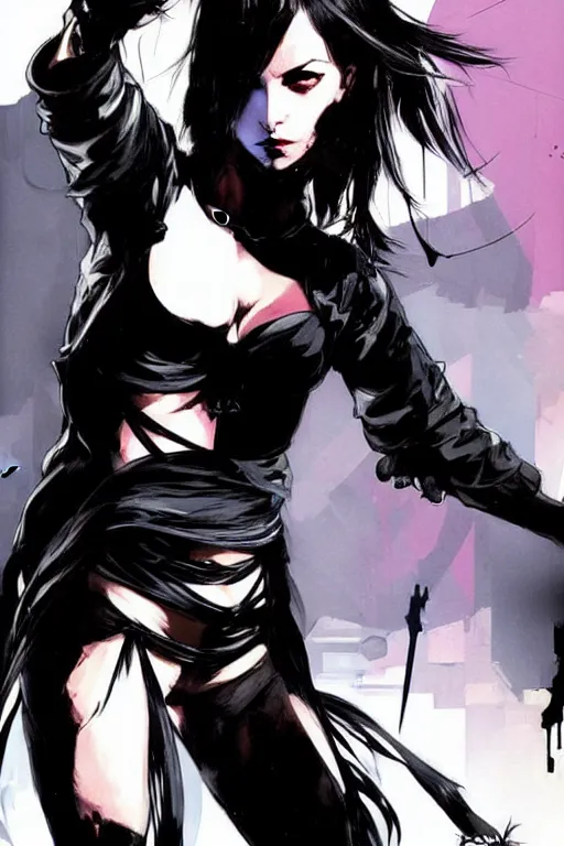 Image similar to style of yoji shinkawa, rafael albuquerque, loish : : gorgeous willa holland : : evil witch, swirling black magic : : symmetrical face, symmetrical eyes : : full body pose : : gorgeous black hair : : magic lighting, low spacial lighting : :