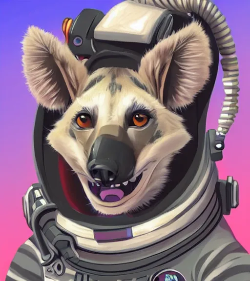 Image similar to digital detailed art of furry female hyena, in style of zootopia, fursona, furry, furaffinity, deviantart, wearing astronaut outfit, floating in space, space background, cyberpunk, detailed face, style of artgerm,