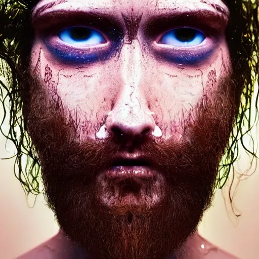 Prompt: three eyed hairy gods, third eye in middle of forehead, wide wide shot, photograph, wet hairy bodies, wet feet in water, bodies, soft colors, wet eye in forehead, pins, very detailed, wet eyes reflecting into eyes reflecting into infinity, beautiful lighting