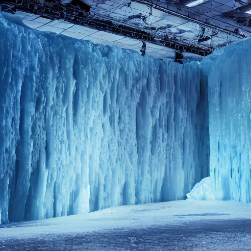 Image similar to a mammouth frozzen in a giant wall of ice perfectly intact with a group of scientists looking at it