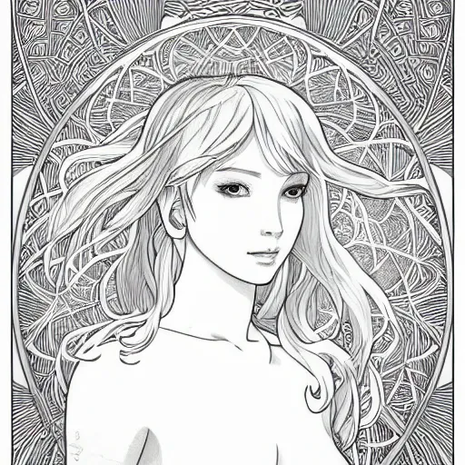 Prompt: clean simple line art of a cute beautiful unicorn. no background. well composed, clean coloring book page. coloring book line art by artgerm and greg rutkowski and alphonse mucha