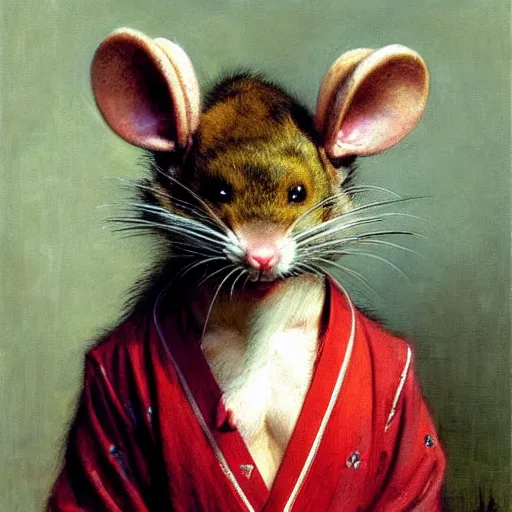 Prompt: a portrait of a furry splinter the rat wearing a red kimono, hairy, furry body, furry arms, feet, tail. highly detailed painting by gaston bussiere, craig mullins, j. c. leyendecker, furry
