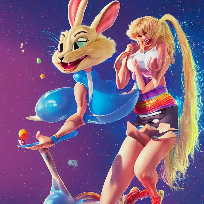 Image similar to portrait of Taylor Swift as Lola Bunny in Space Jam 1996. bunny ears. intricate abstract. intricate artwork. by Tooth Wu, wlop, beeple, dan mumford. octane render, trending on artstation, greg rutkowski very coherent symmetrical artwork. cinematic, hyper realism, high detail, octane render, 8k, iridescent accents