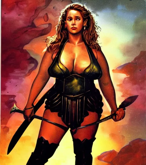 Prompt: 1 9 8 0 s fantasy novel book cover, bbw plus size amazonian young jenna fischer in extremely tight bikini armor wielding a cartoonishly large sword, exaggerated body features, dark and smoky background, low quality print