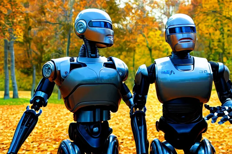 Prompt: real life robocop, ultra realistic!!!, autumn, clear weather, golden hour, sharp focus