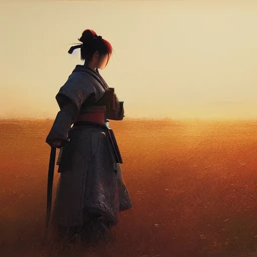 Prompt: female samurai standing in a field in the style of Ruan Jia, golden hour