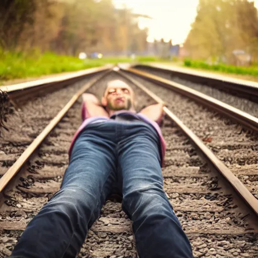 Image similar to man laying on train tracks