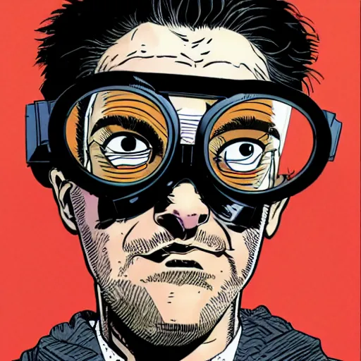 Prompt: close up portrait of goth nerd wearing goggles, by geof darrow, geof darrow art,