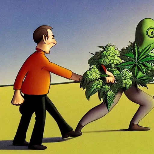 Prompt: Cannabis leaf character goes for a walk. caricature illustrated by Ralph McQuarrie