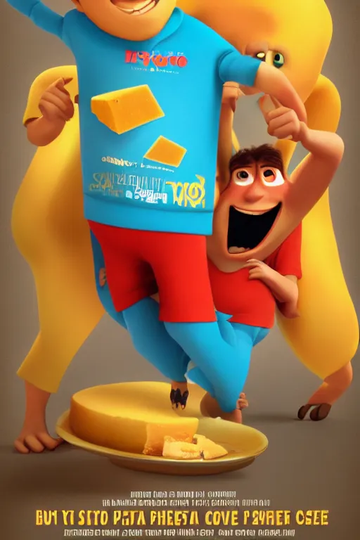 Prompt: Poster for a movie about a boy that loves to eat cheese. pixar style, 3d animation, render, zigor samaniego style