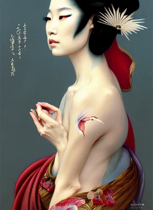 Image similar to organic Geisha portrait, pearlescent skin, diffuse lighting, fantasy, intricate, elegant pose, highly detailed, lifelike, photorealistic, digital painting, artstation, illustration, concept art, different point of view, smooth, sharp focus, art by John Collier and Albert Aublet and Leonardo da vinci and Moebius and Krenz Cushart