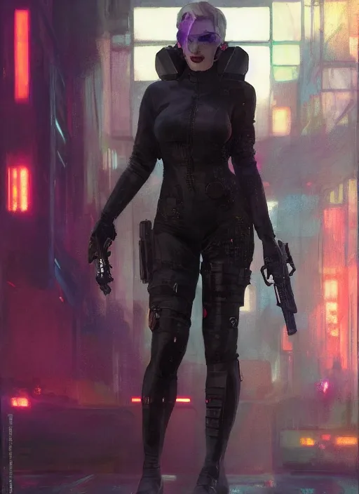 Prompt: Marilyn Monroe. Cyberpunk assassin in tactical gear. blade runner 2049 concept painting. Epic painting by Craig Mullins and Alphonso Mucha. ArtstationHQ. painting with Vivid color. (rb6s, Cyberpunk 2077, matrix)