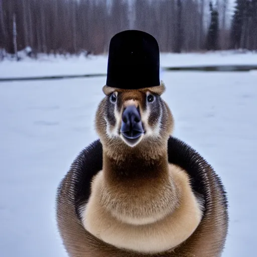 Prompt: A Canadian goose wearing a mountie hat and outfit, photo, 8k