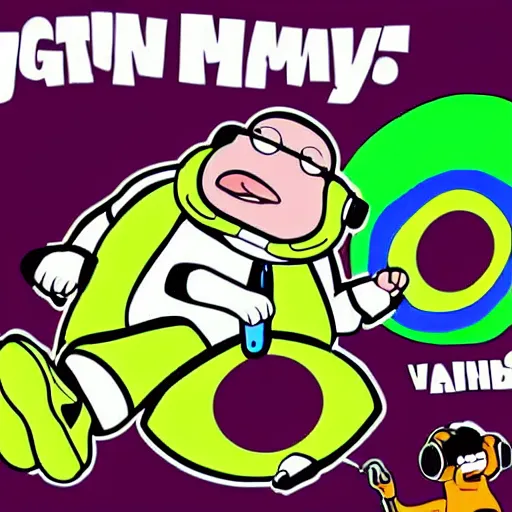 Image similar to svg sticker of a Family-Guy Peter-Griffin at a rave, spinning records, giant headphones rocking out, wearing headphones, huge speakers, dancing, rave, DJ, spinning records, digital art, amazing composition, rule-of-thirds, award-winning, trending on artstation, featured on deviantart