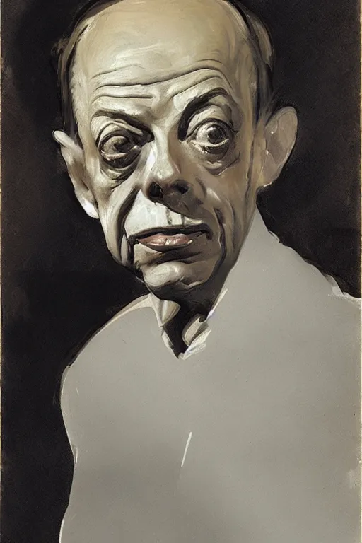 Image similar to portrait of don knotts sitting with full face full figure, in the style of expressionism, soft light, volumetric light, subsurface scattering, translucent skin, john singer sargent
